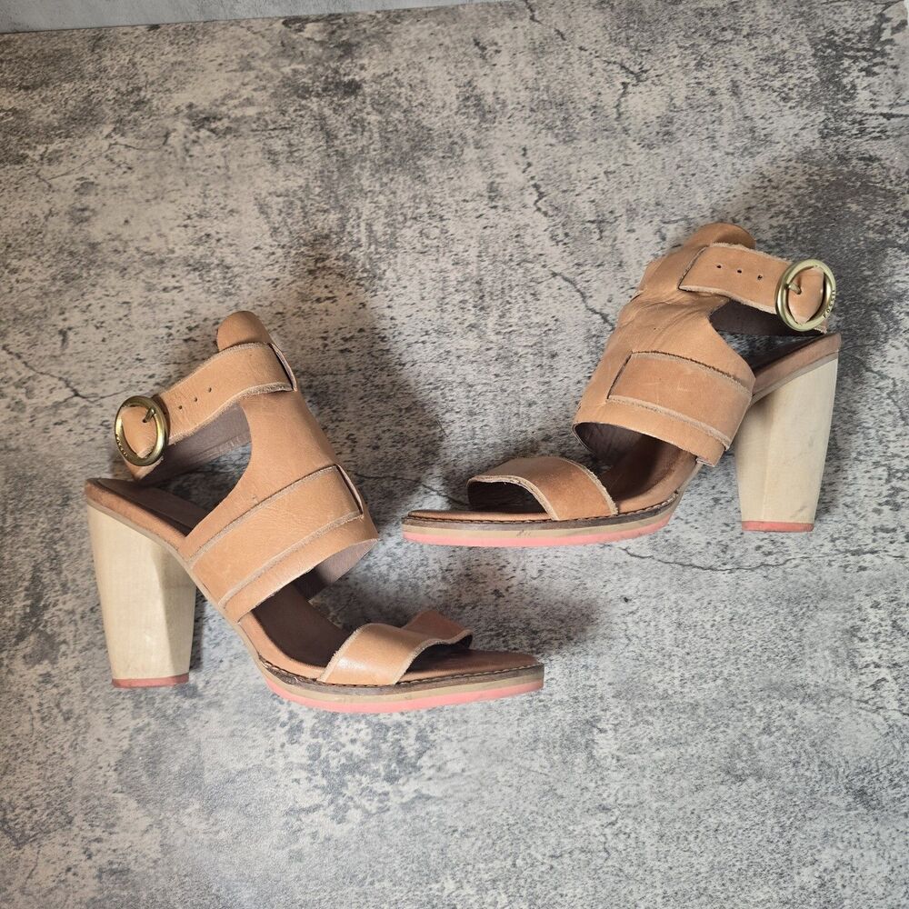 Fossil Vintage Tan Wood Block Heel Sandals Boho Style Size 7 Leather Ankle Strap
